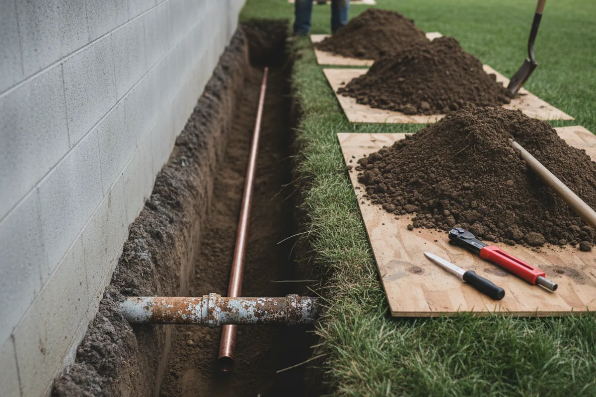 Excavated water line trench during Sewer Line Repair in Ryde